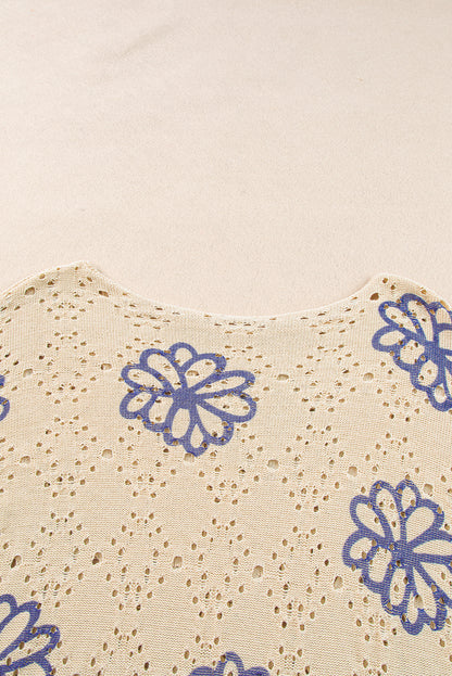 Contrast Flower Print Eyelet Drop Shoulder Sweater | Beige