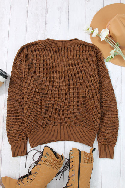 Pointelle Knit Button V Neck Drop Shoulder Sweater | Coffee