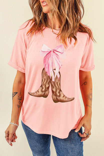 Western Cowboy Boots Bow Tie Print Crewneck Tee | Pink