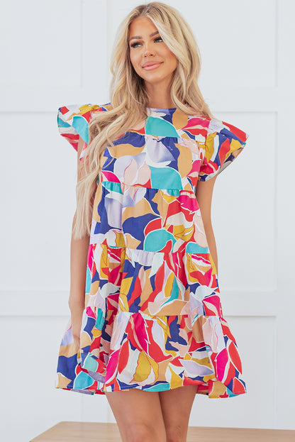 Abstract Printed Ruffled Flutter Sleeve Tiered Mini Dress | Pink