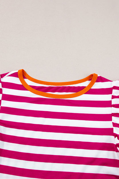 Striped Ruffle Sleeve Crew Neck Blouse | Rose Red