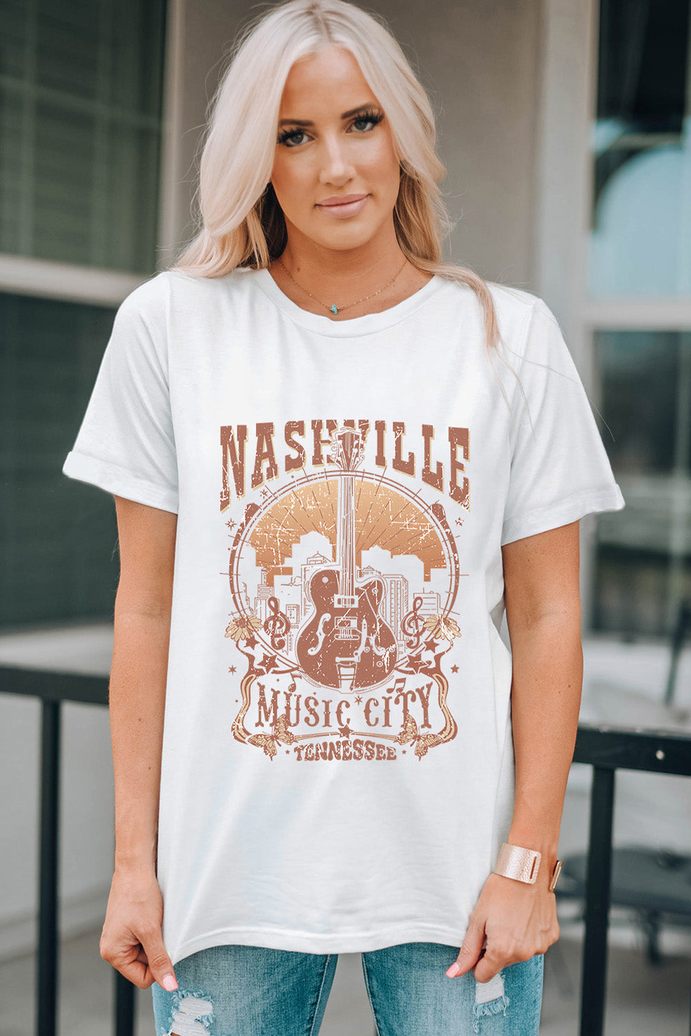 Vintage Nashville Music City Crewneck Graphic T Shirt | White