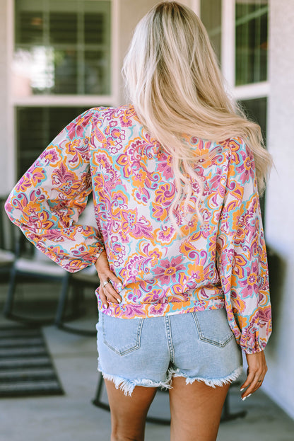 Boho Paisley Printed Peasant Sleeve Blouse | Purple