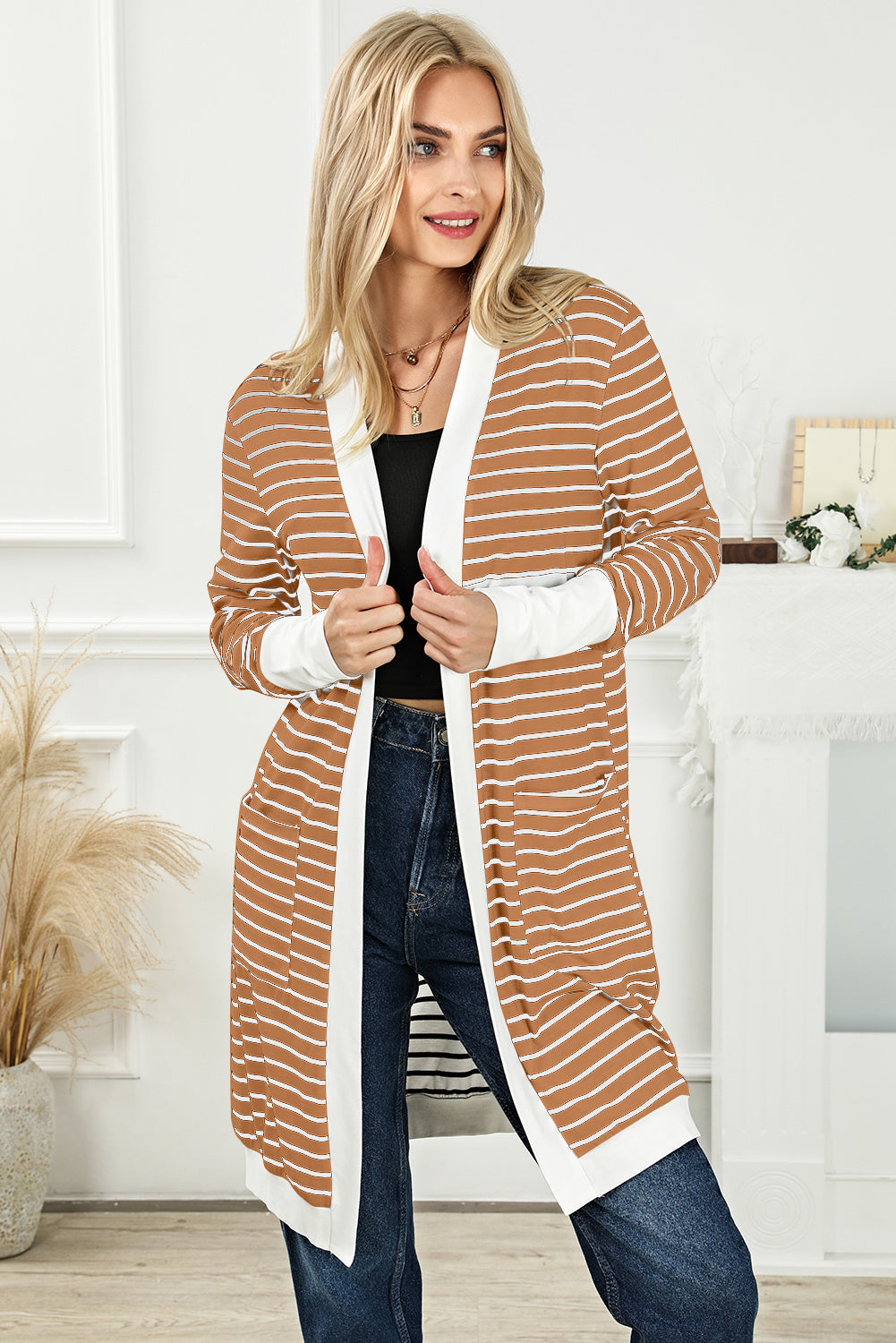 Striped Side Pockets Open Front Cardigan | Brown