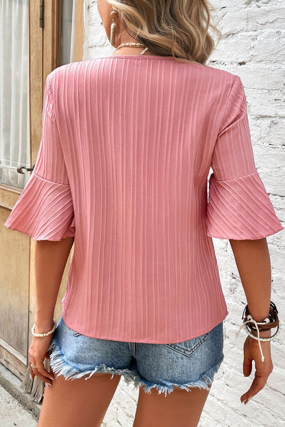 Ruffled Half Sleeve V Neck Textured Plus Top | Peach Blossom