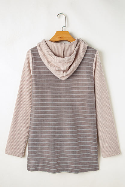 Textured Knit Colourblock Striped Henley Hooded Top | Gray