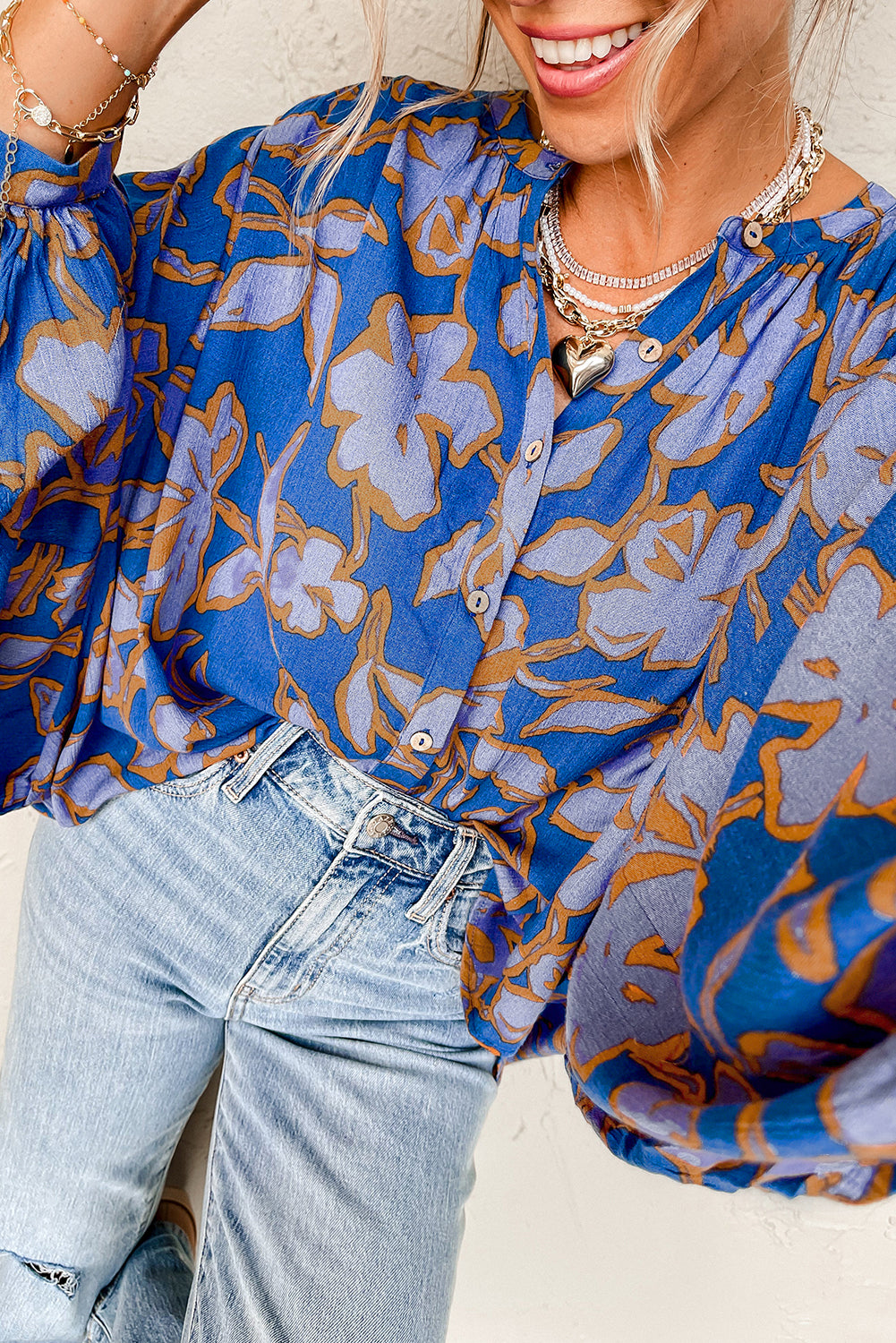 Floral Print Batwing Sleeve Buttoned Loose Fit Shirt | Blue