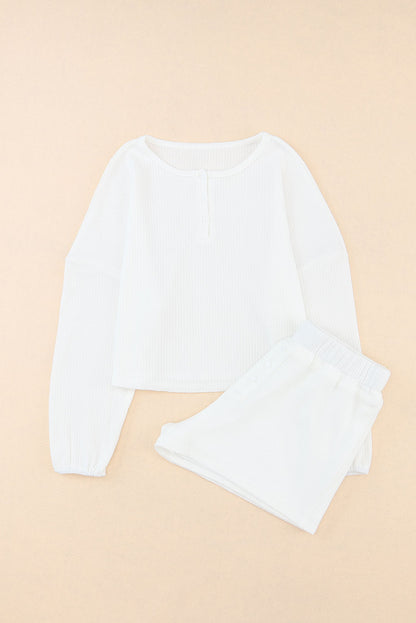 Waffle Knit Buttoned Long Sleeve Crop And Shorts Lounge Set | White