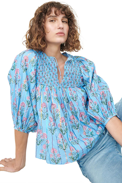 Floral Striped Print Shirred Yoke Split Neck Blouse | Sky Blue