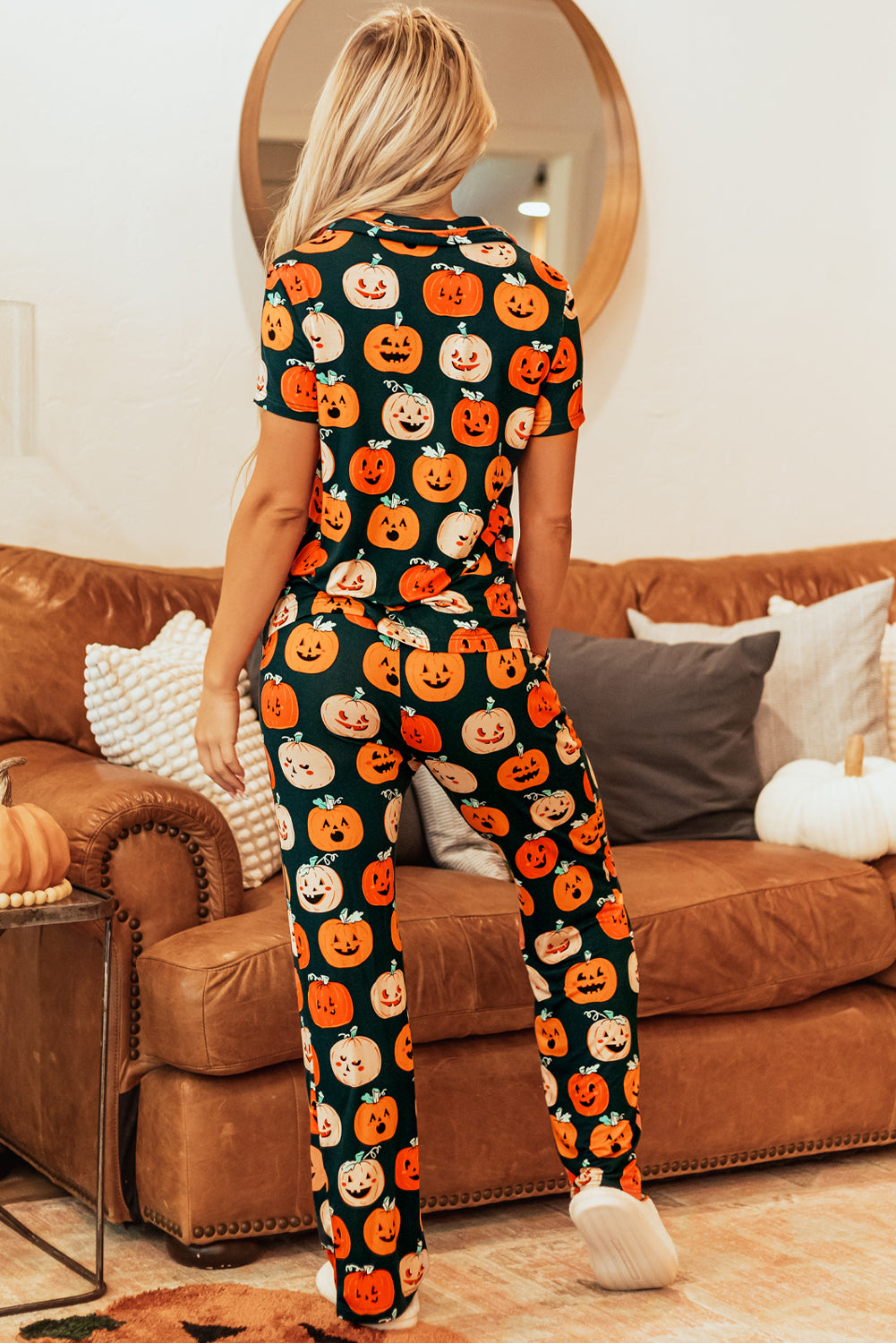 Halloween Pattern Short Sleeve Shirt Pajama Set | Orange