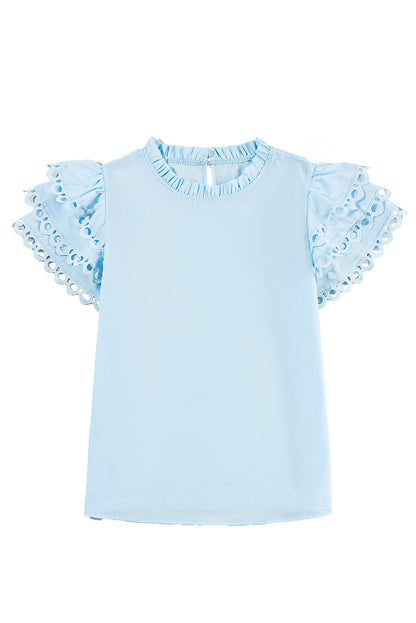 Layered Ric Rac Cap Sleeve Filled Neck Blouse | Beau Blue