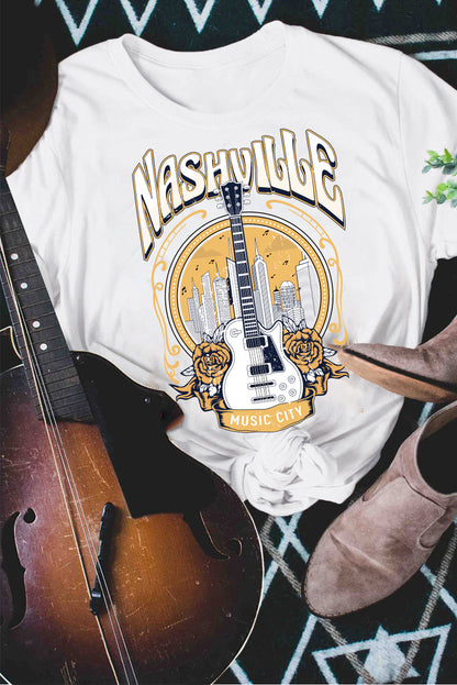 Music City Nashville Guitar Graphic T Shirt | White