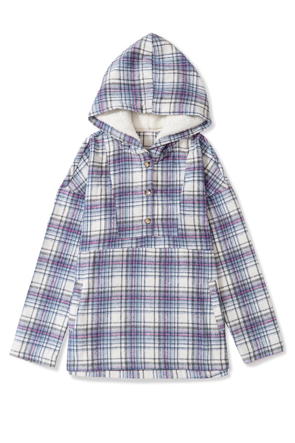 Plaid Button Neck Pocketed Pullover Hoodie | White