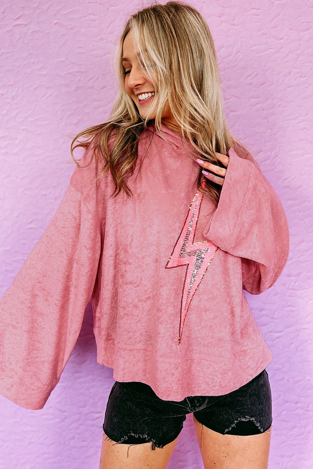 Thunder Bolt Sequin Oversized Hoodie | Pink