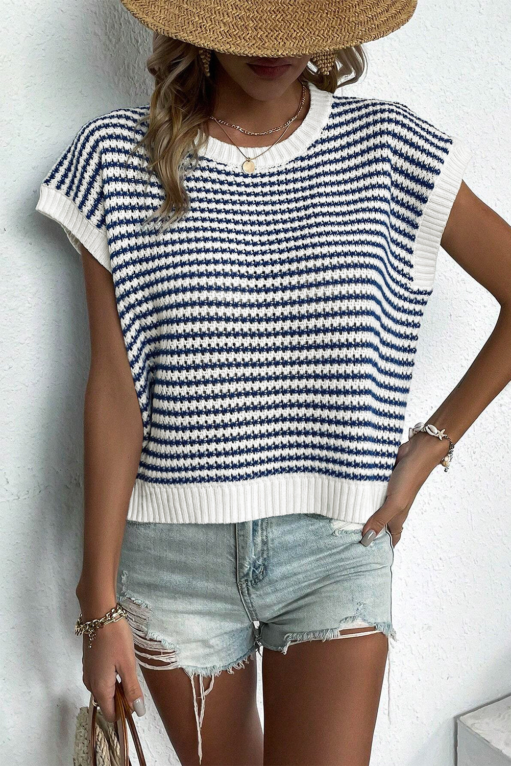 Ribbed Trim Loose Fit Knitted Sweater Vest | Blue Stripe