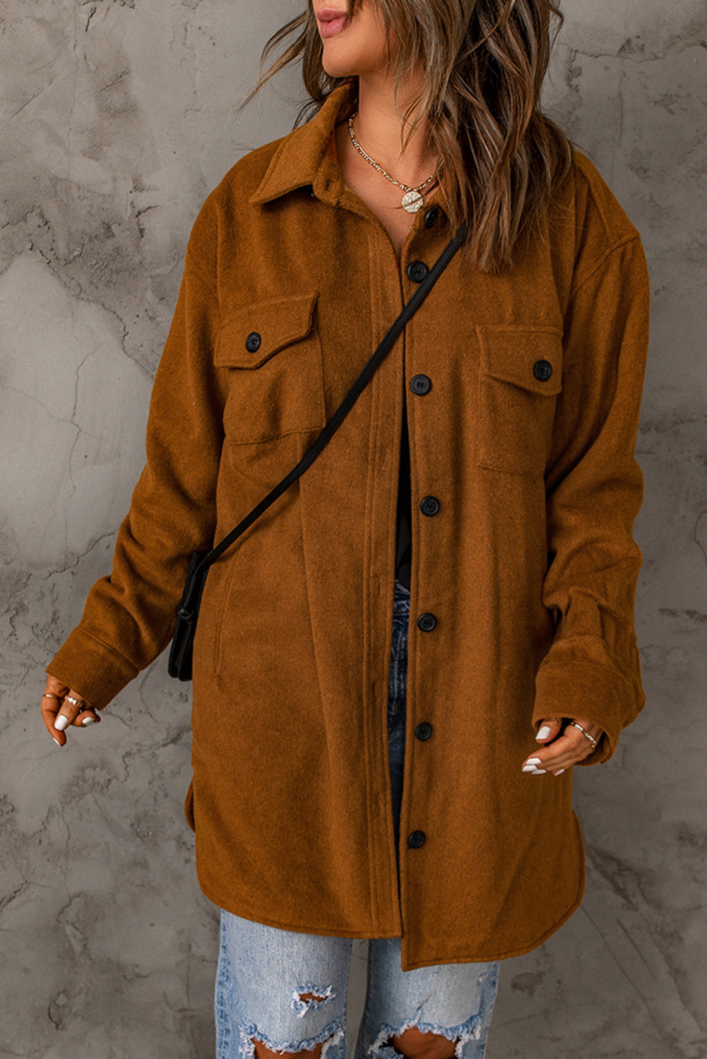 Long Sleeve Pockets Buttoned Shirt Jacket | Brown