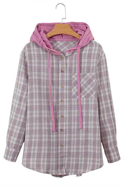 Checkered Print Loose Fit Buttoned Hooded Shacket | Pink