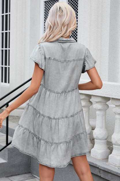 Mineral Washed Ruffle Sleeve Tiered Chambray Dress | Light Grey