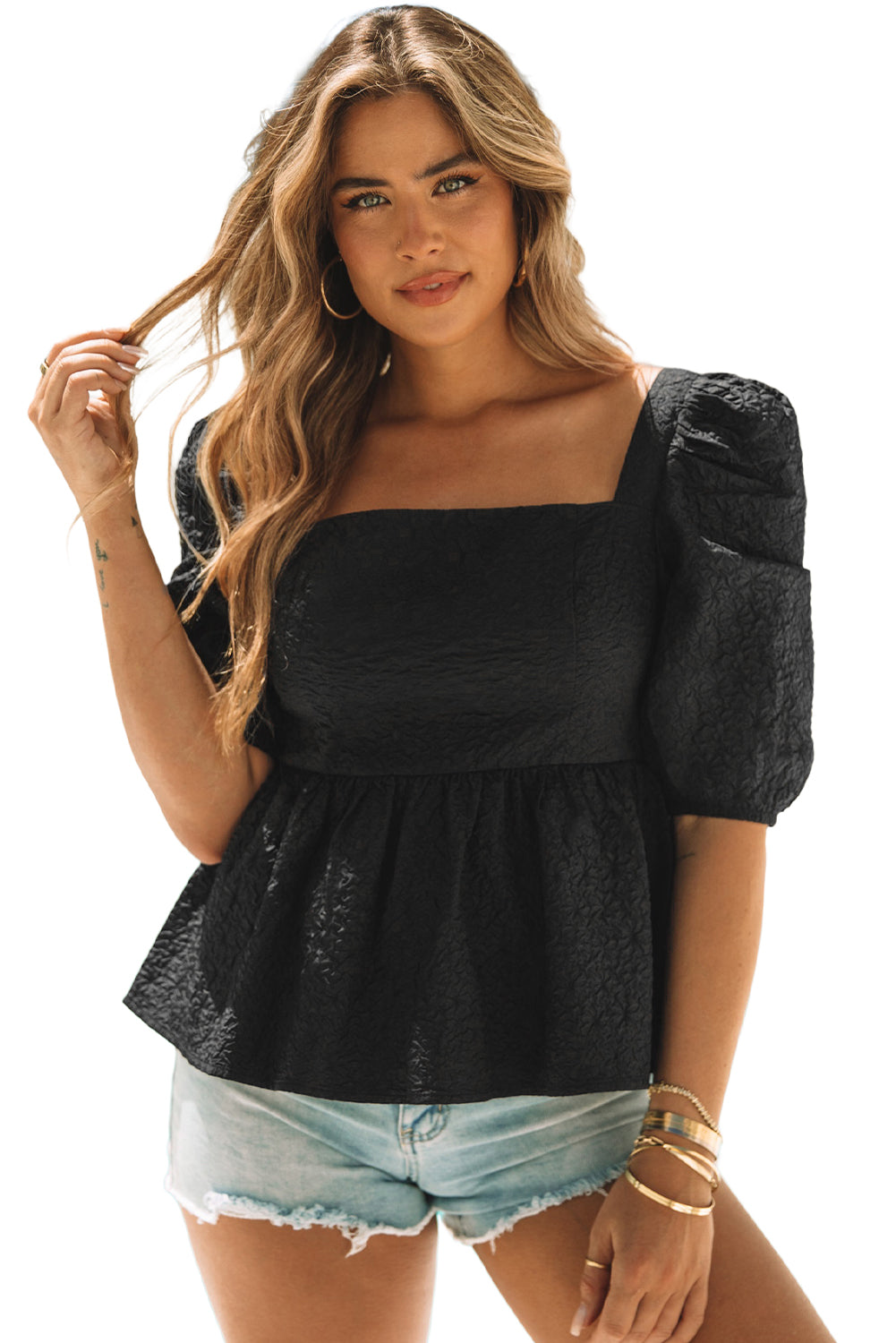 Textured Square Neck Puff Sleeve Peplum Blouse | Black