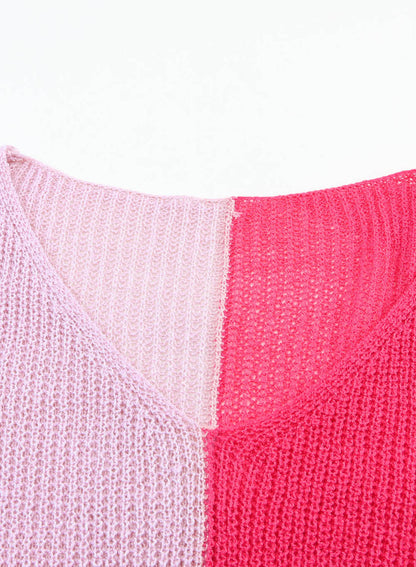 Long Sleeve V-Neck Colourblock Sweater | Pink