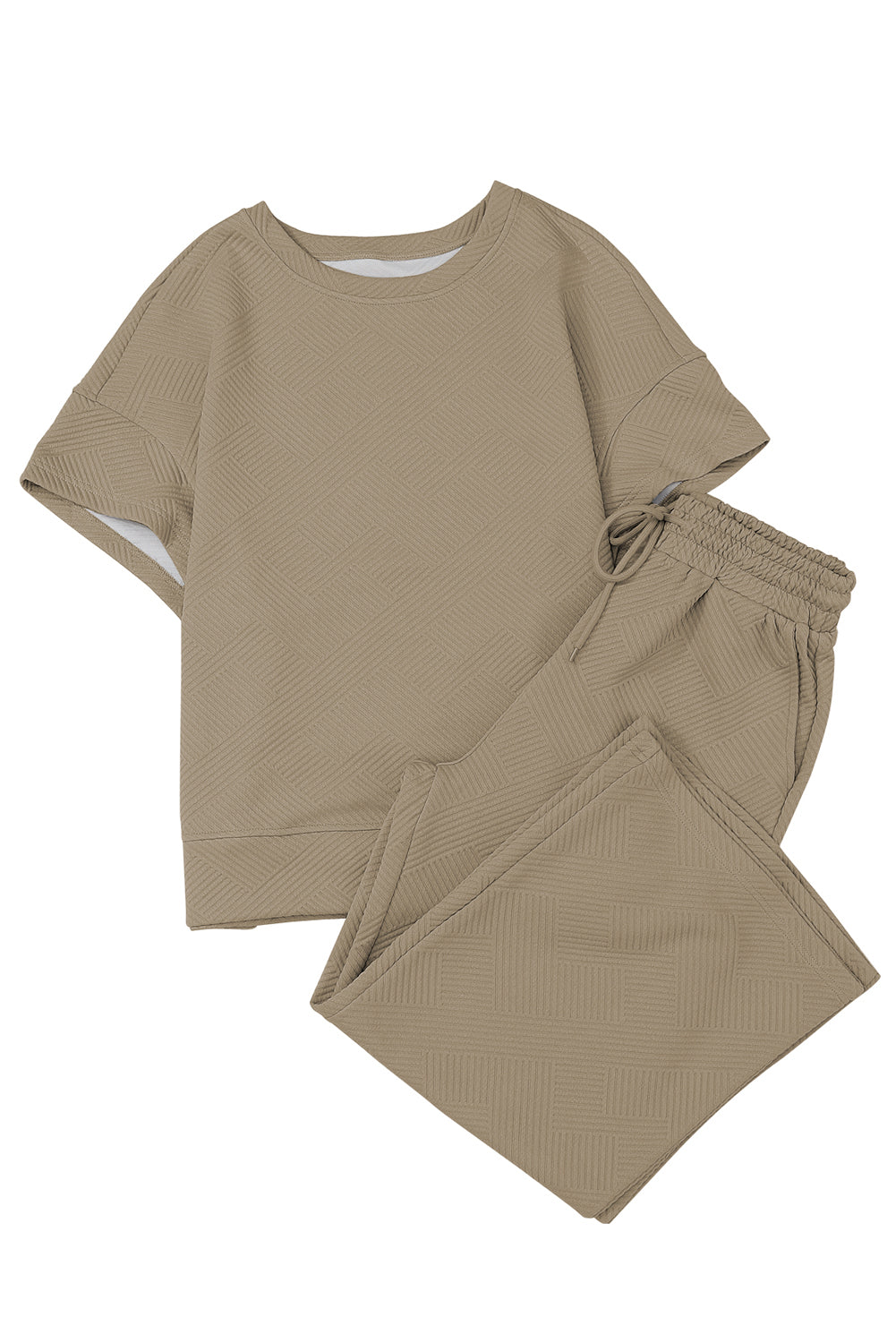 Pale Khaki Textured Loose Fit T Shirt And Drawstring Pants Set | Apricot khaki