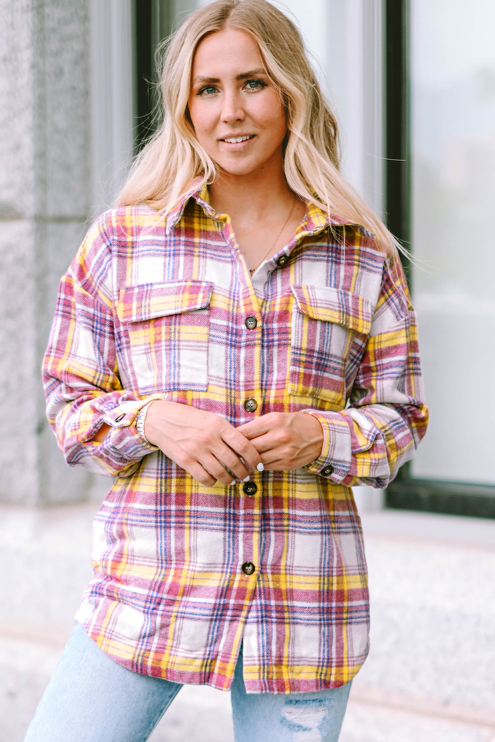 Fiery Red Plaid Print Rounded Hem Shirt Jacket