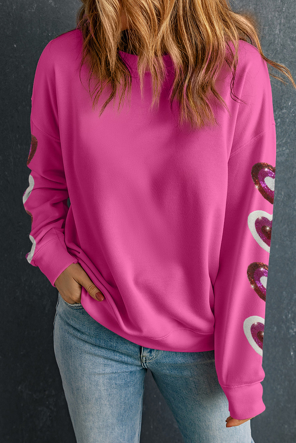 Sequined Heart Patched Drop Shoulder Valentines Sweatshirt | Bonbon