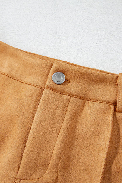 Exposed Seam Flare Suede Pants With Pockets | Brown