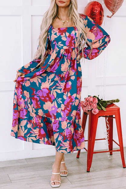 Floral Print Square Neck Ruffled High Waist Dress | Multicolour