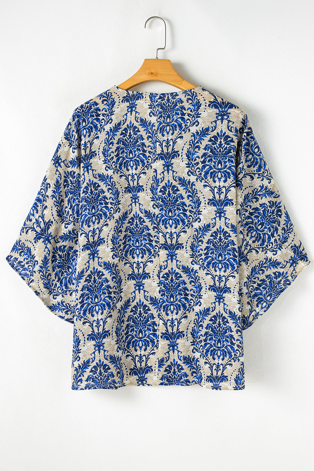 Plus Size Ethnic Printed 3/4 Sleeve V Neck Loose Blouse | Blue