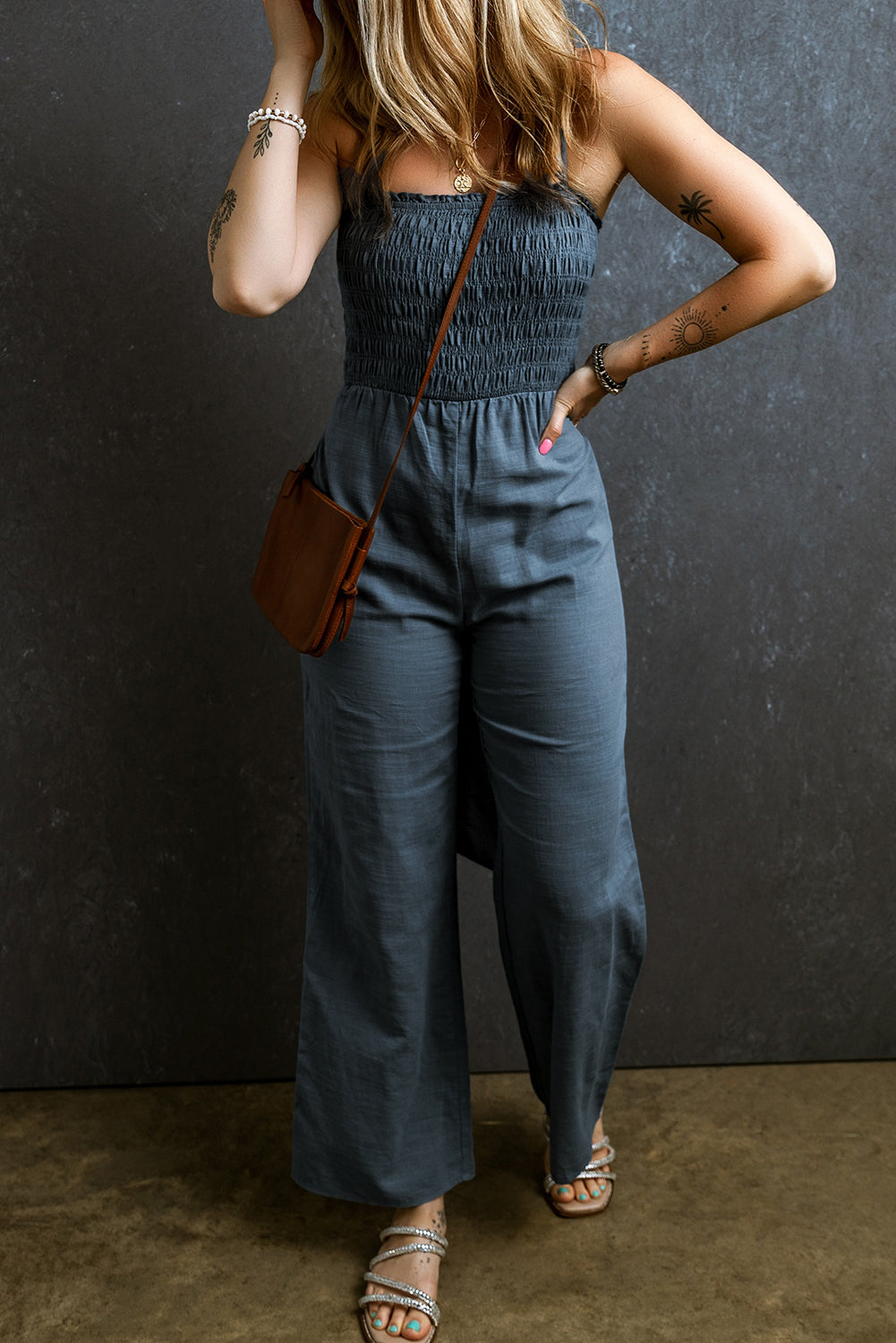 Smocked Spaghetti Straps Tied Back Wide Leg Jumpsuit | Sky Blue