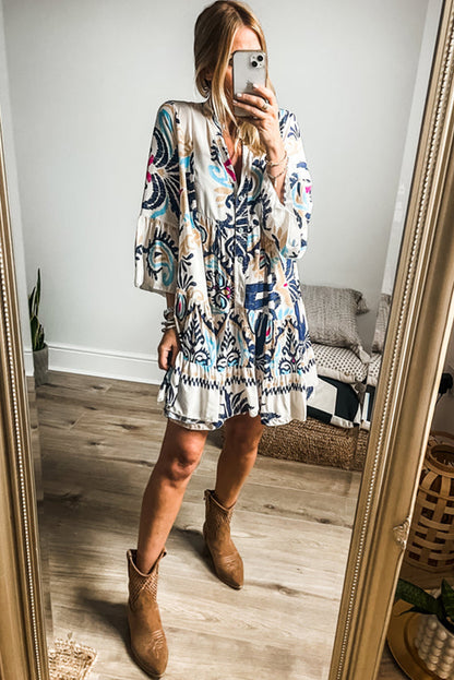 Tribal Bracelet Sleeve Buttoned Mini Dress | White Printed