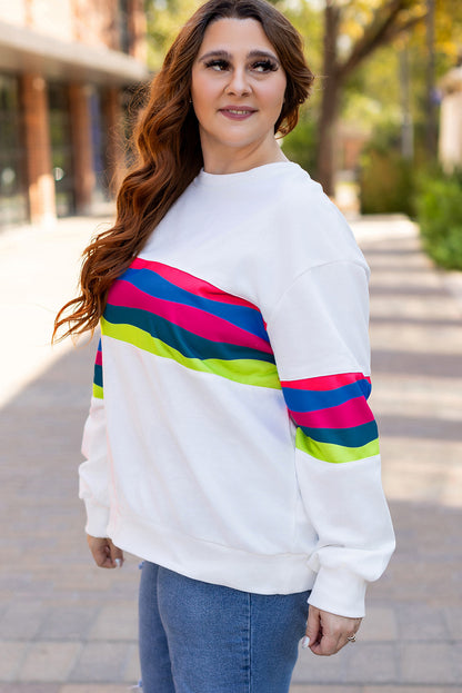 Plus Size Colourful Striped Drop Shoulder Loose Sweatshirt | White