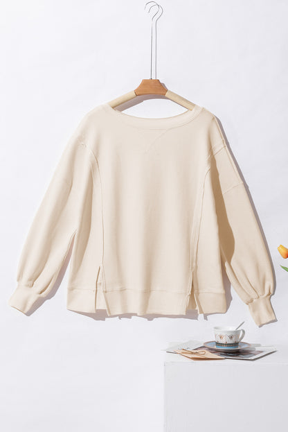 Waffle Knit Bishop Sleeve Split Oversized Top | White