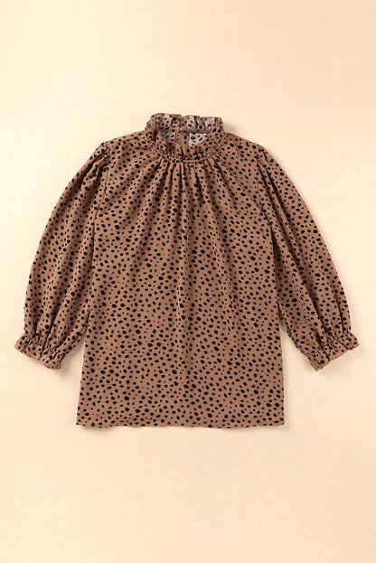 Frilled Neck 3/4 Sleeves Cheetah Blouse | Brown