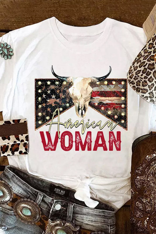 White American Woman Bull Skull Graphic T Shirt