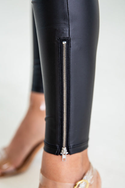 Faux Leather Zipped Detail Leggings | Black