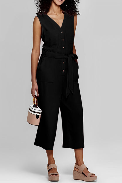 Buttoned Sleeveless Cropped Jumpsuit With Sash | Black