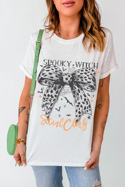 Spooky Witch Leopard Bowknot Bat Graphic Halloween T Shirt | White