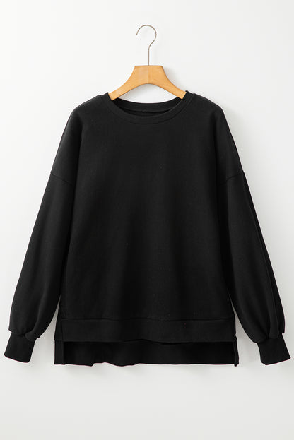 Solid Fleece Lined Drop Shoulder High Low Sweatshirt | Black