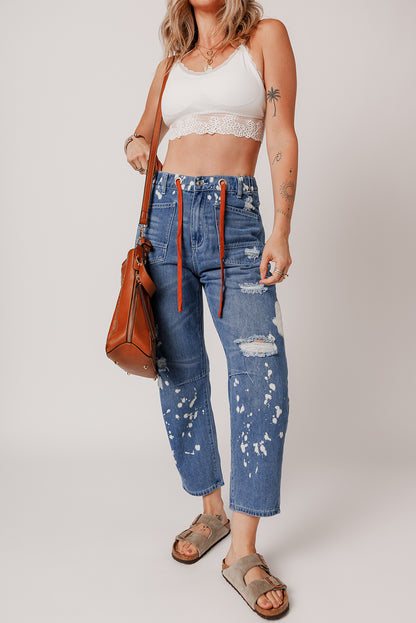 Ripped Splattering Paint Rope Waist Cropped Straight Jeans | Ashleigh Blue