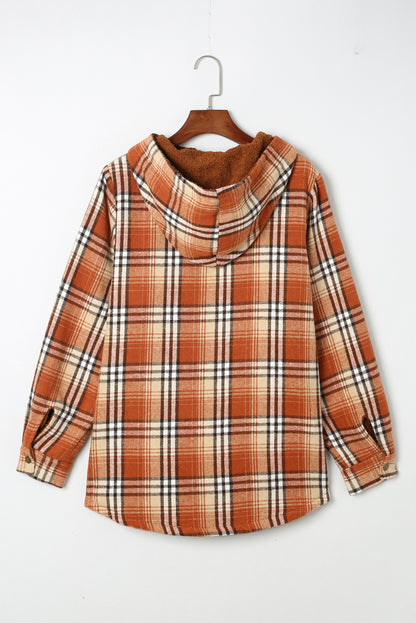 Plaid Pattern Sherpa Lined Hooded Shacket | Orange