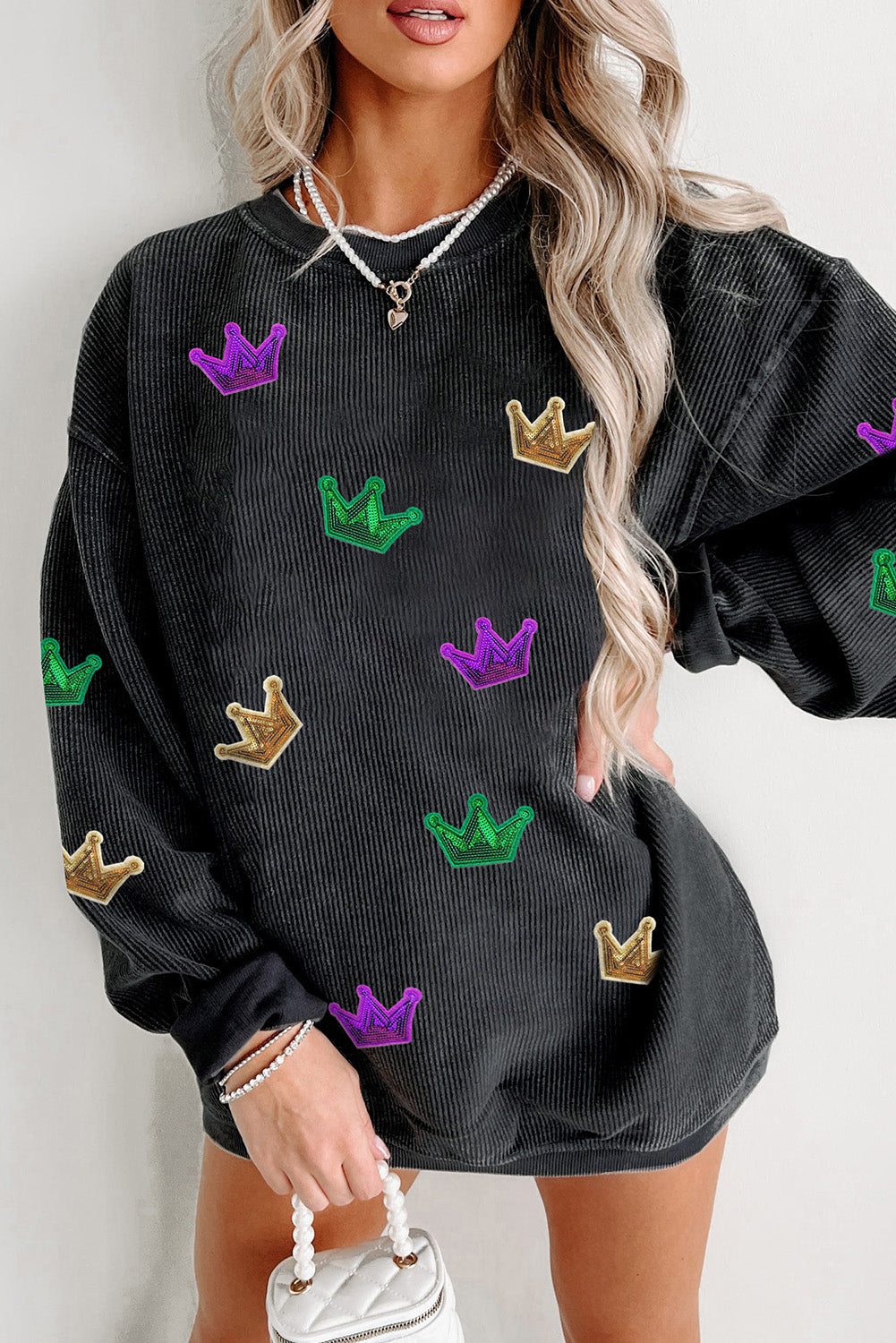 Mardi Gras Crown Sequin Patch Corded Baggy Sweatshirt | Black