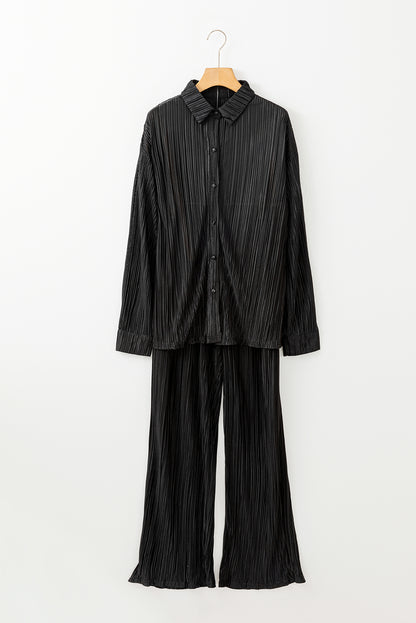 Pleated Long Sleeve Shirt And Wide-Leg Pants Set | Black