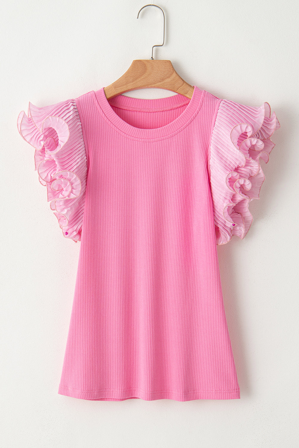 Ruffled Pleated Mesh Sleeve Ribbed Knit Slim Fit T Shirt | Strawberry Pink