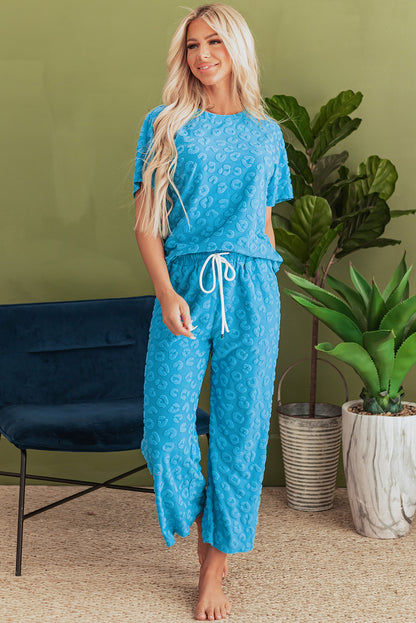 Leopard Jacquard Short Sleeve Top And Wide Leg Pants Set | Blue