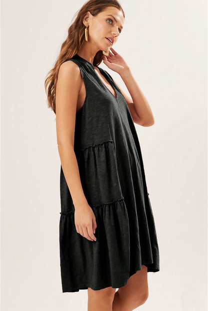 Split V Neck Tiered Flowy Sleeveless Dress | Black