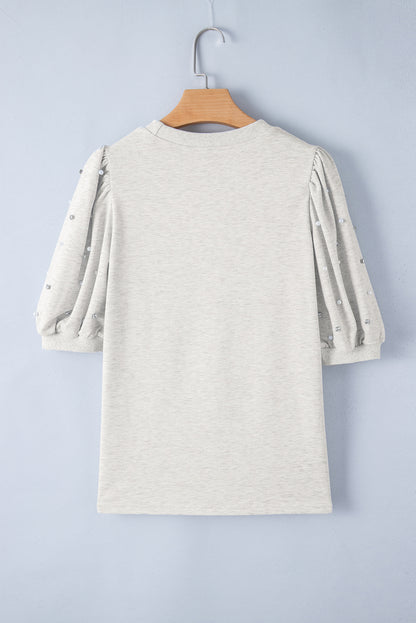 Rhinestone Pearl Puff Half Sleeve Top | Light Grey