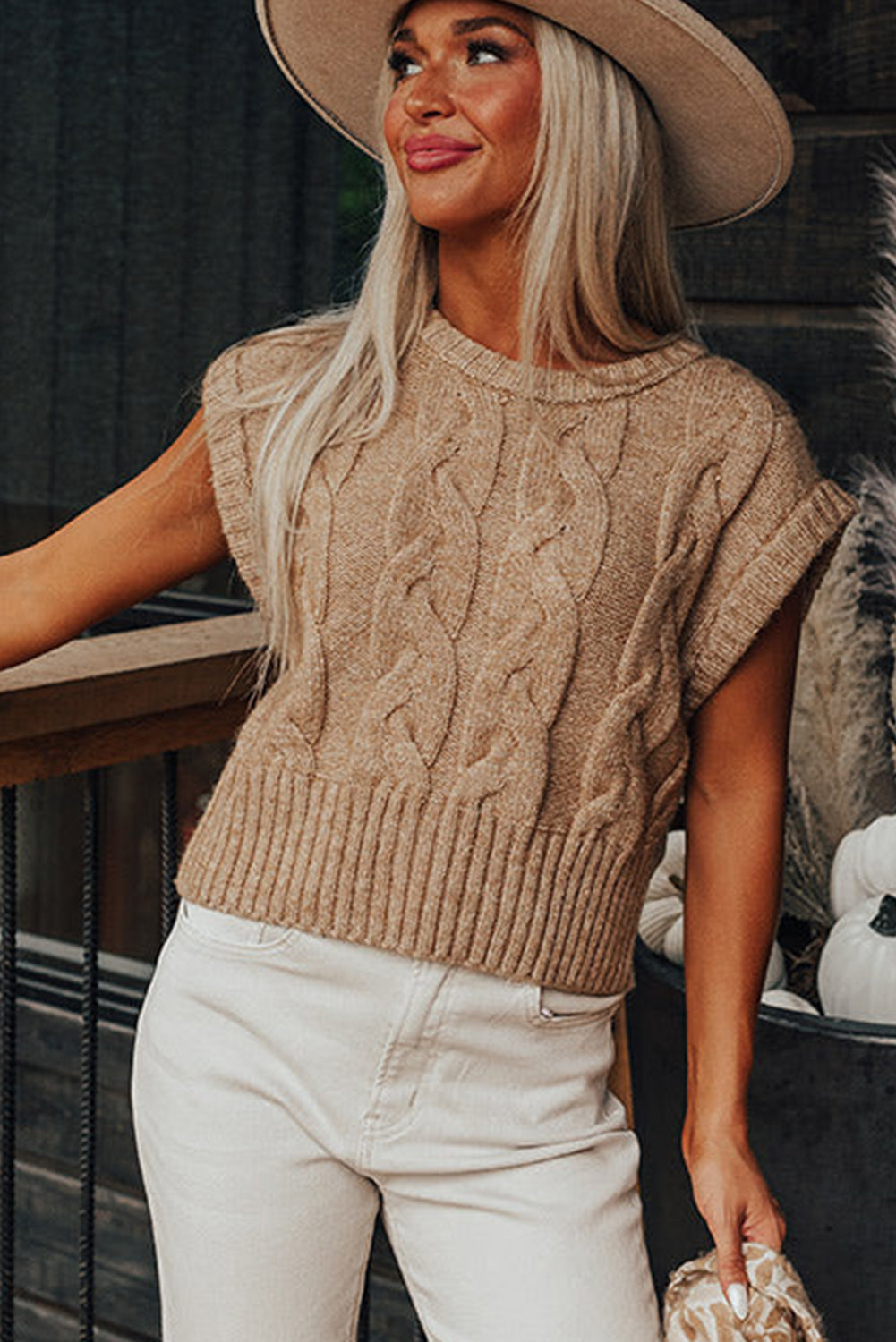 Cap Sleeve Cable Knit Sweater | Light French Beige