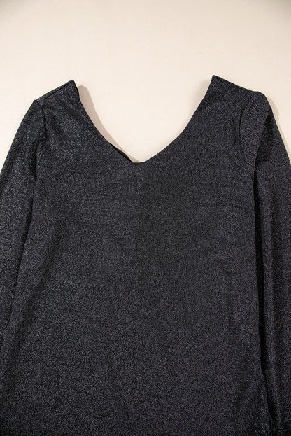 Metallic Bowknot Open Back V Neck Top | Black